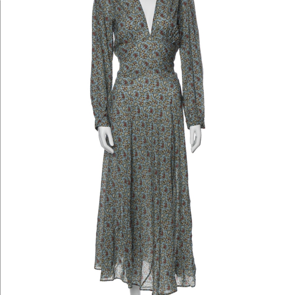 Doen NWT Long Sleeve Deep V Neck Charleston Maxi Dress in Blue Tisbury Paisley